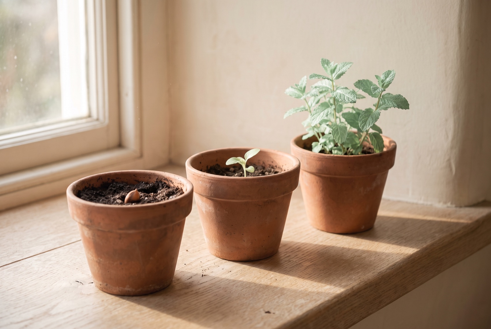 Three terracotta pots in a row on a sunlit sill: bare soil with a seed, a two-leaf seedling, and a grown leafy plant.
